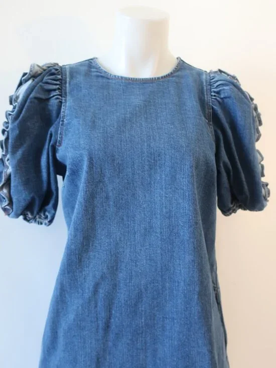 Womens Ulla Johnson Poppy (Item- 12) Blue Denim Ruffled Slv Mini Shift Dress 4 - Picture 4 of 14